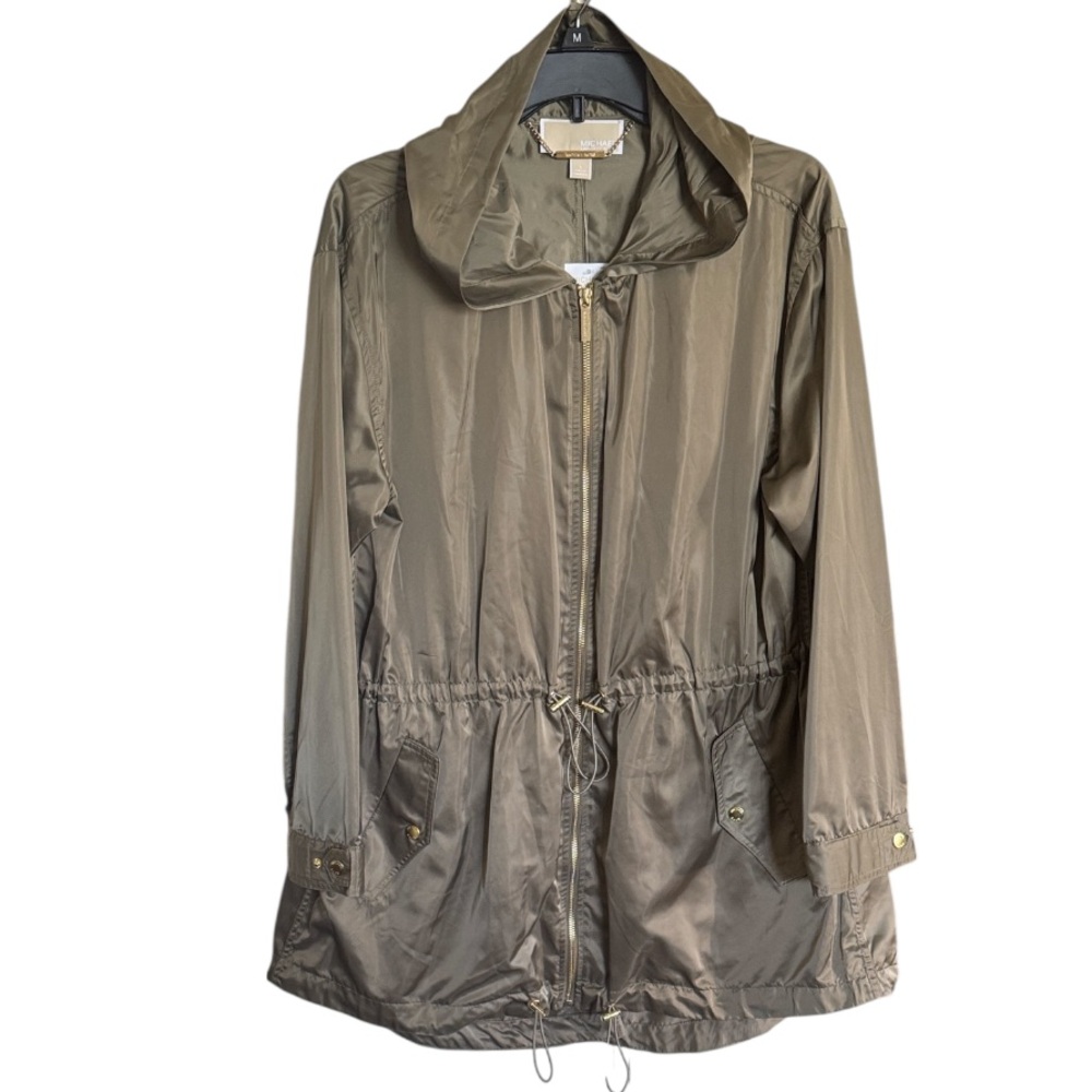 MICHAEL MICHAEL KORS Safari Green Rain Jacket Zipper Pockets Hood Large NEW